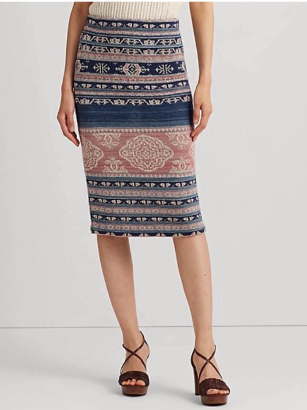 Ralph Lauren Skirt Geo Motif Linen Cotton Pencil Southwestern Stretch Knit